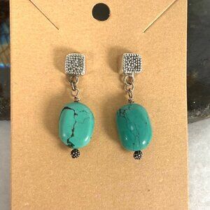 Sterling Silver 925 Southwest Style Beaded Turquoise Square Stud Dangle Earrings